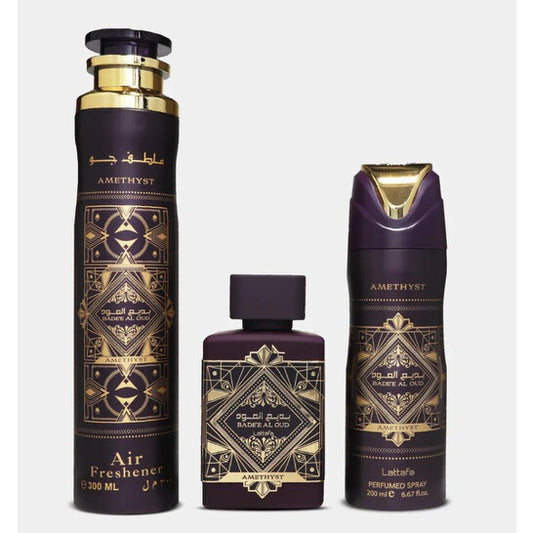 BADEE AL OUD AMETHYST GIFT SET INCLUDING BODY SPRAY/PERFUME/AIR FRESHENER