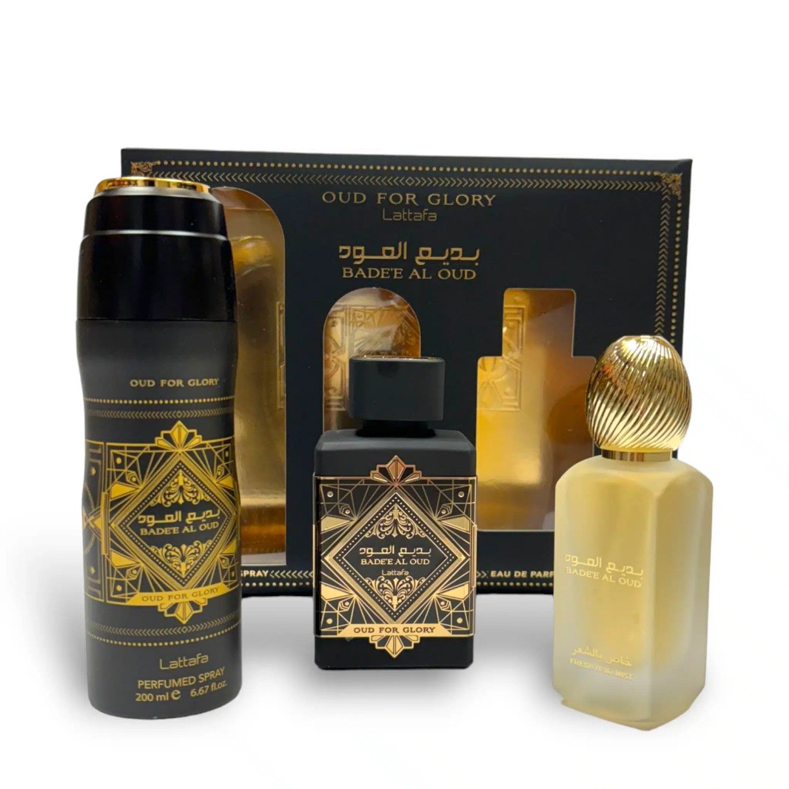 BADEE AL OUD FOR GLORY GIFT SET INCLUDING BODY SPRAY/PERFUME/HAIR MIST