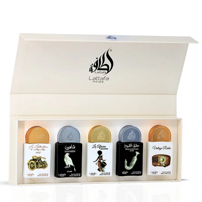 5 x 20ML PERFUME (GIFT SET) LATTAFA PRIDE (SHAHEEN SILVER/LA COLLECTION D'ANTIQUITES 1910/VINTAGE RADIO/ISHQ AL SHUYUKH SILVER/LA AFRICAN DRUMMER)